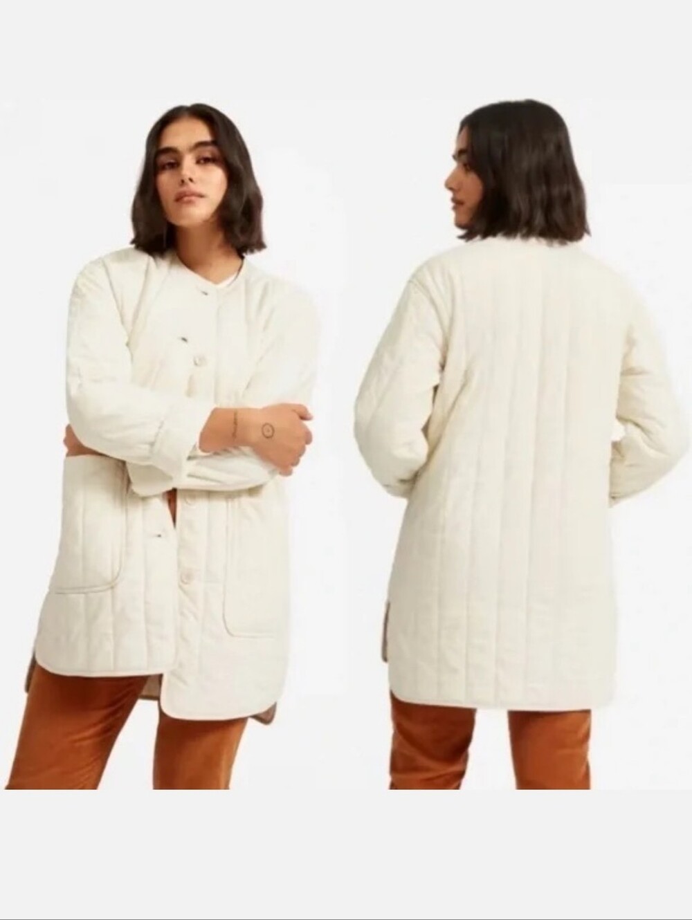 Everlane The Midi Cotton Quilted Liner Off White Puffer Coat Jacket Chore Sz XL